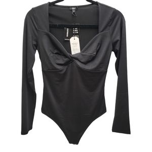EXPRESS Body Contour Metallic Twist Front Thong Bodysuit Black SMALL NWT